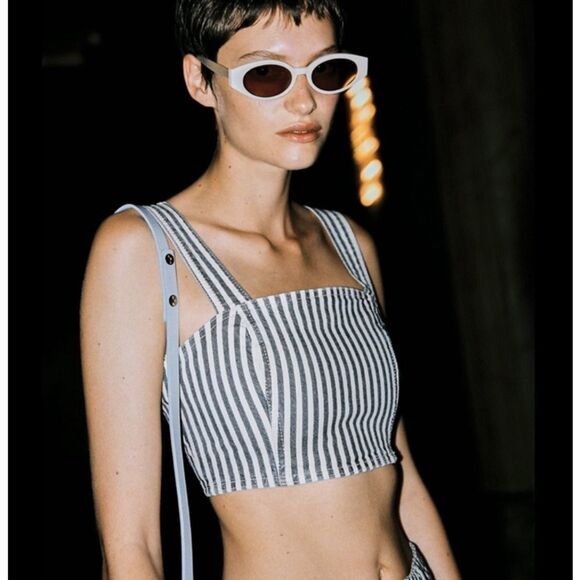 Zara Striped Denim Crop Bodice Tank Top Sleeveless‎ Blue White Small - Picture 12 of 12